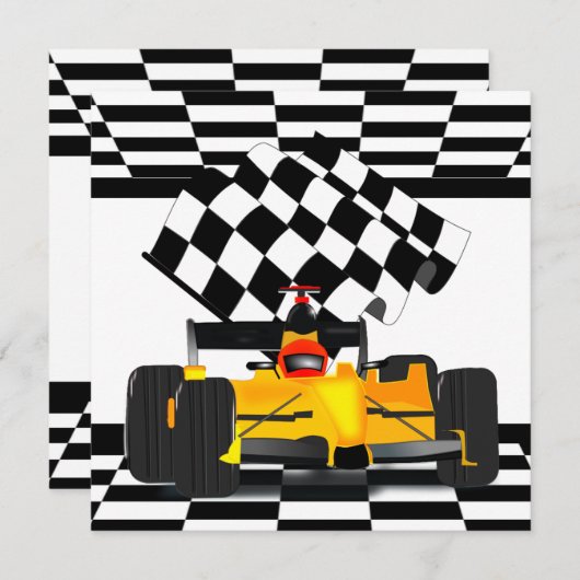 フラグ付きイエローレース市松模様にカー 招待状 (正面/裏面)