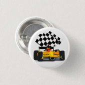 フラグ付きイエローレース市松模様にカー 缶バッジ (正面&裏面)