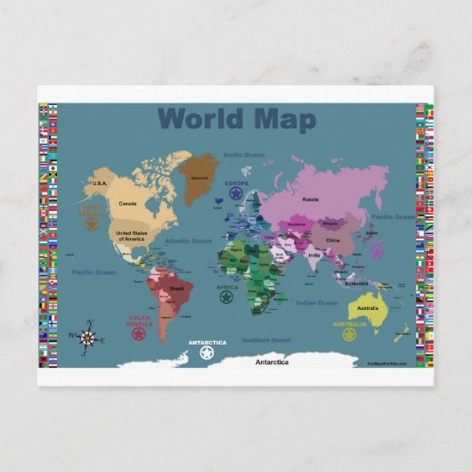 フラグ付き子供へのワールドマップ ポストカード (正面)