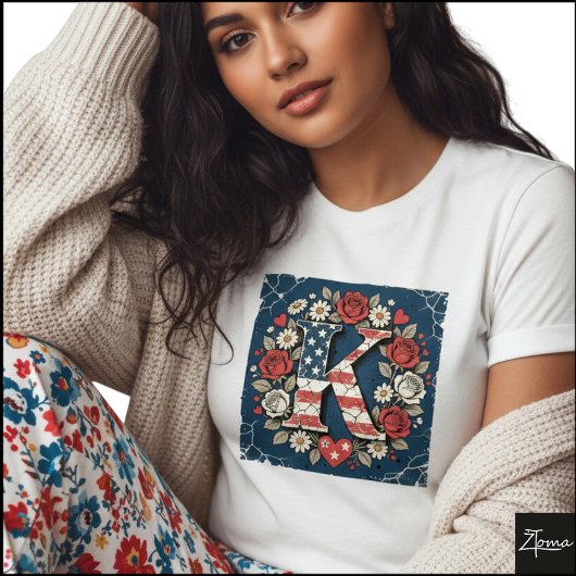 フラグ レター K バラ ハート リース Tシャツ
