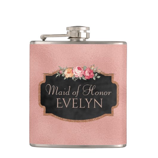 フラスコを結婚するメイド・オブ・オーナー（花嫁付き添い人） |の花柄のばら色の金ゴールド フラスク (正面)