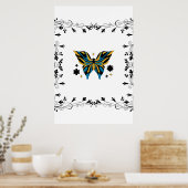フラッお洒落タリング – 黒と青の蝶 ポスター (キッチン)