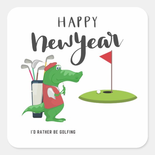 フラッグでクロコダイルゴルファーとゴルフハッピーニューイヤー スクエアシール (正面)