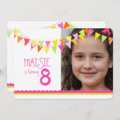 フラッグカラフルガールズ8歳の誕生日パーティーピンク 招待状 (正面/裏面)