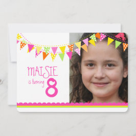 フラッグカラフルガールズ8歳の誕生日パーティーピンク 招待状