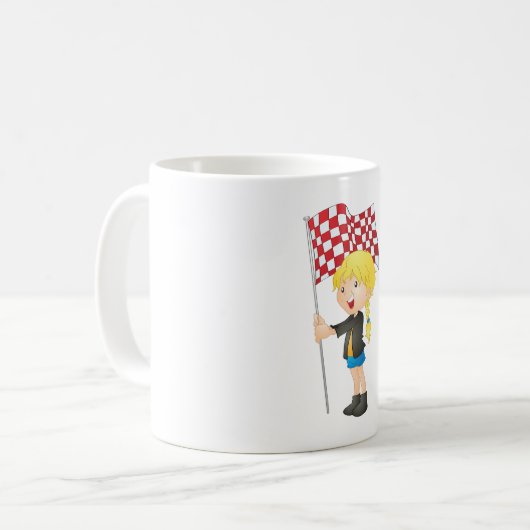 フラッグコーヒ市松模様にーマグカップを持つ女の子 コーヒーマグカップ (正面左)