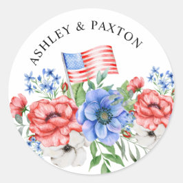 フラッグシール付き赤い白と青の花 ラウンドシール