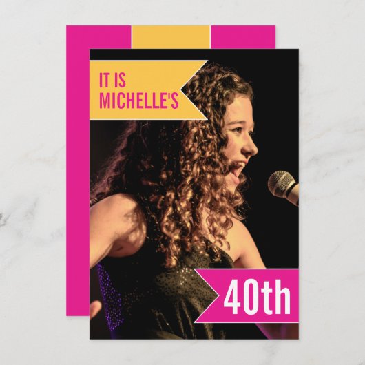 フラッグブライトピンク黄色の写真40th誕生日パーティー 招待状 (正面/裏面)