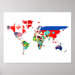 フラッグポスターで埋められた世界地図 ポスター