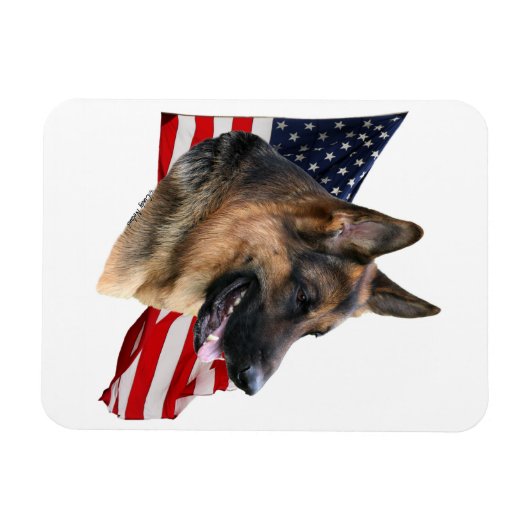 フラッグマグネットを持つドイツの羊飼い犬の頭 マグネット (横)