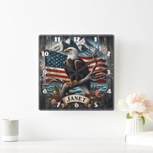 フラッグ付きイーグル スクエア壁時計 (ホーム)
