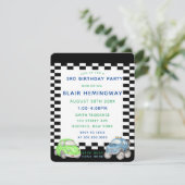 フラッグ市松模様にウォーター色の車ボーイ誕生日パーティー 招待状 (スタンド正面)