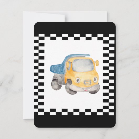 フラッグ市松模様にウォーター色の車ボーイ誕生日パーティー 招待状 (裏面)
