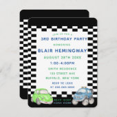 フラッグ市松模様にウォーター色の車ボーイ誕生日パーティー 招待状 (正面/裏面)