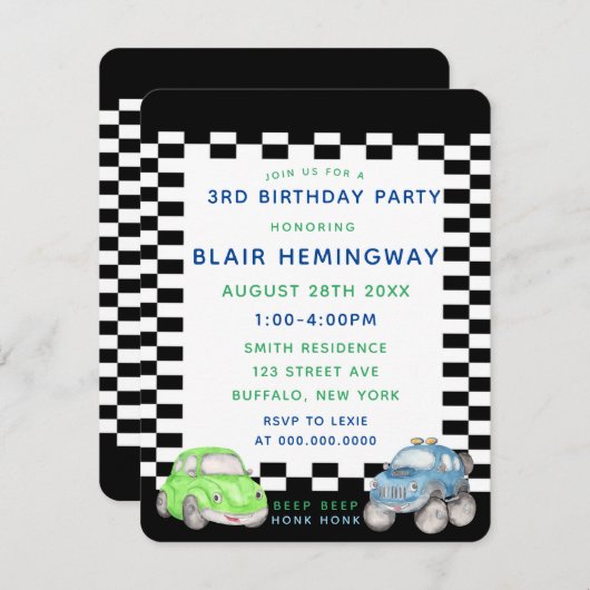 フラッグ市松模様にウォーター色の車ボーイ誕生日パーティー 招待状 (正面/裏面)