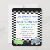 フラッグ市松模様にウォーター色の車ボーイ誕生日パーティー 招待状 (正面)