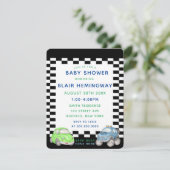 フラッグ市松模様にウォーター色の車Boy Baby Shower 招待状 (スタンド正面)