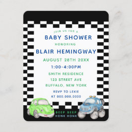 フラッグ市松模様にウォーター色の車Boy Baby Shower 招待状