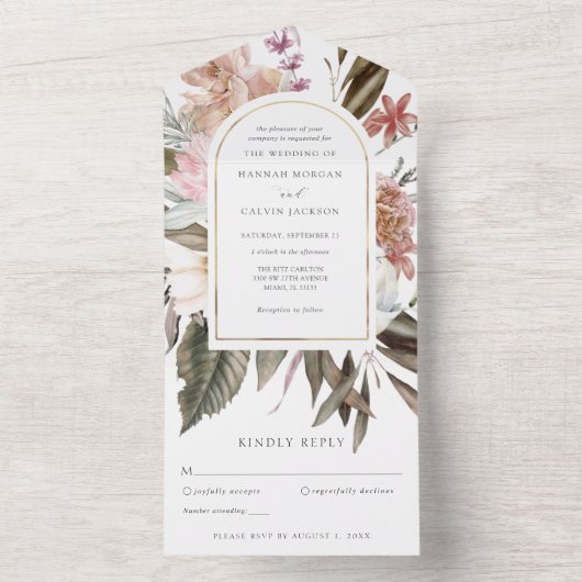 フラッシュとバーガンディの水彩ボホローズの結婚式A オールインワン招待状 (内側)