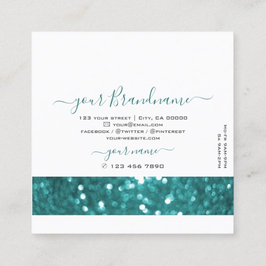フラッシュイホワイトティール（緑がかった色）きらめくグリッタープロフェッショナル スクエア名刺 (裏面)