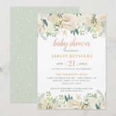 フラッシュクリームゴールドフラワーリーフガールベイビーシャワー 招待状 (正面/裏面)
