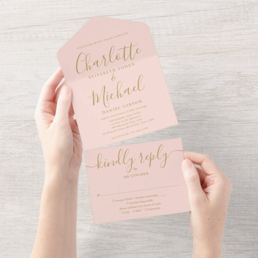 フラッシュピンクとゴールドのスクリプト ミニマルウェディング オールインワン招待状 (貼ってはがせる)