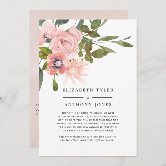 フラッシュピンクとローズゴールドの花柄 ゲストリスト縮小のお知らせ 案内状 (正面/裏面)