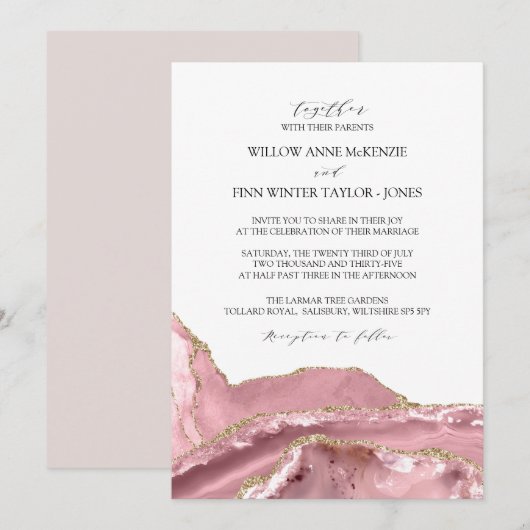 フラッシュピンクのアゲートを使ったモダンなウェディング 招待状 (正面/裏面)