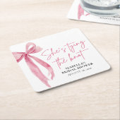 フラッシュピンクのボウ 彼女は結婚式を結ぶ ブライダルシャワー スクエアペーパーコースター (アングル)