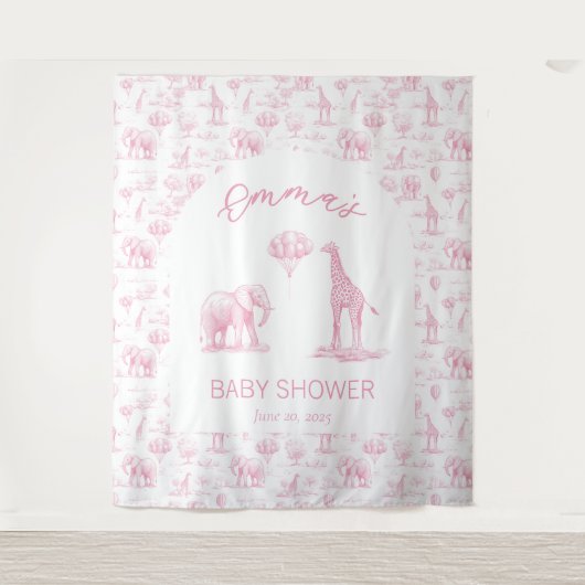 フラッシュピンクの女の子ベイビーシャワーバナー サファリ トワール タペストリー (正面)