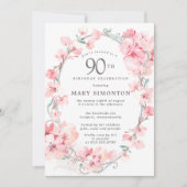 フラッシュピンクの桜の花の花束 90歳の誕生日 招待状 (正面)