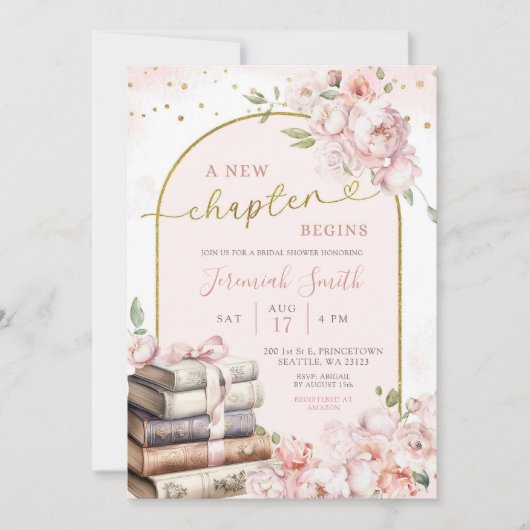 フラッシュピンクの牡丹ストーリーブックテーマのブライズシャワー 招待状 (正面)