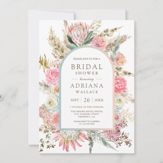 フラッシュピンクの花とボヘミアンパンパスグラスの ブライダルシャワー 招待状 (正面)