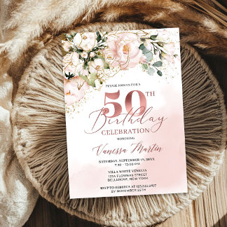 フラッシュピンクの花とローズゴールドのボヘミアンスタイルが50歳の誕生日を彩る 招待状
