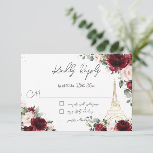 フラッシュピンクの花モチーフ ゴールド パリ エッフェル塔 15歳の誕生日パーティー 出欠カード (スタンド正面)