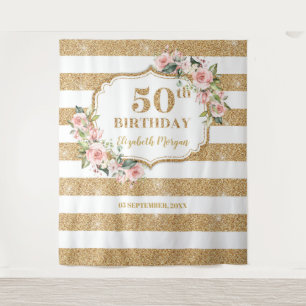 フラッシュピンクの花模様にゴールドのグリッターをあしらった50歳の誕生日 タペストリー