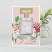 フラッシュピンクの香水ボトル 花のブライダルシャワー サンキューカード (スタンド正面)