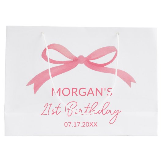 フラッシュピンクの bow 誕生日パーティー かわいい名前 ラージペーパーバッグ (裏面)