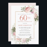 フラッシュピンクゴールドフラワーパーティー60歳の誕生日 招待状<br><div class="desc">このエレガントでフェミニンな60歳の誕生日パーティーの招待状で特別な女性を称えましょう。 60歳は大きなローズピンクの文字で書かれています。誕生日のお祝いが続きます。名誉あるゲストの名前もピンクの大きな文字で表示されます。残りのテキストはソフトなダブグレーの色合いです。 60歳の誕生日のお祝いの詳細は、ソフトなピンクのバラとセージグリーンの葉で飾られたゴールドのフレームで囲まれています。伝統的なデザインですが、開放的で繊細な植物の葉とテキストが、現代的な雰囲気を醸し出しています。招待状の裏側は、ほとんど感じられないほどのソフトなピンク色です。 残念ながら、60の数字は編集できません。別の年が必要な場合は、カスタムデザインを作成しますので、お知らせください。</div>