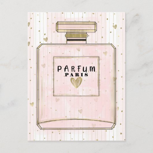 フラッシュピンク＆ゴールドのパリパフュームビューティーパーティー インビテーションポストカード (正面)