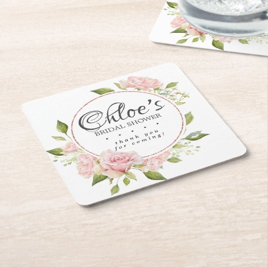 フラッシュピンク ローズゴールド フレーム ブライダルシャワー スクエアペーパーコースター (アングル)