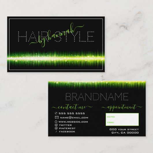 フラッシュライトグリーンオンブラックヘアサロンアポイントメント 名刺 (正面/裏面)