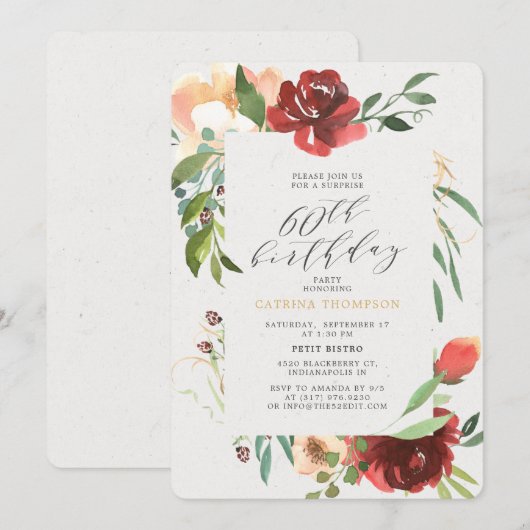 フラッシュレッドの花をあしらった60歳のサプライズバースデーパーティー 招待状 (正面/裏面)