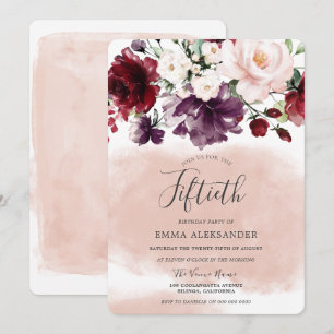 フラッシュ バーガンディ フラワー 女性の50歳の誕生日パーティー 招待状