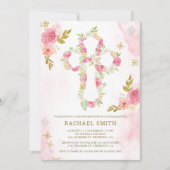 フラッシュ ピンク ゴールド 水彩 花 モチーフ 洗礼 招待状 (正面)