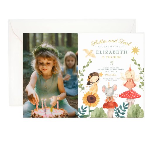フラッタと回転の写真エンチャント妖精誕生日 招待状