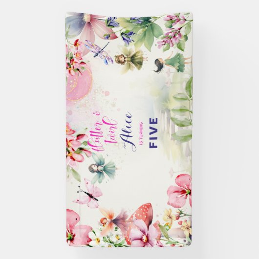 フラッタと回転妖精の庭の水色の誕生日 横断幕 (縦)