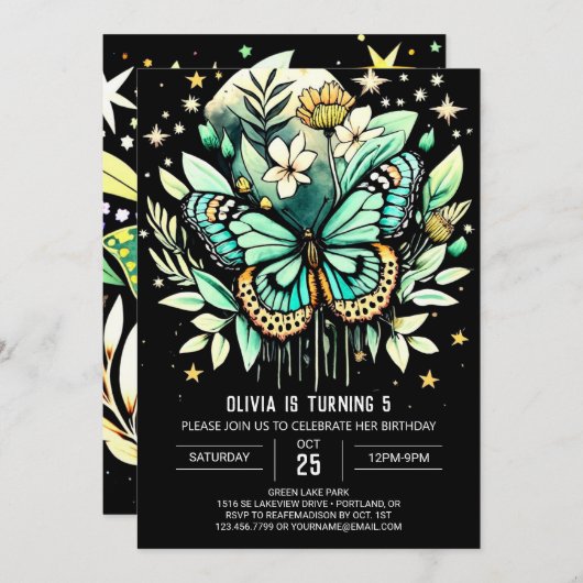 フラッタリンググリーンバタフライ誕生日 招待状 (正面/裏面)