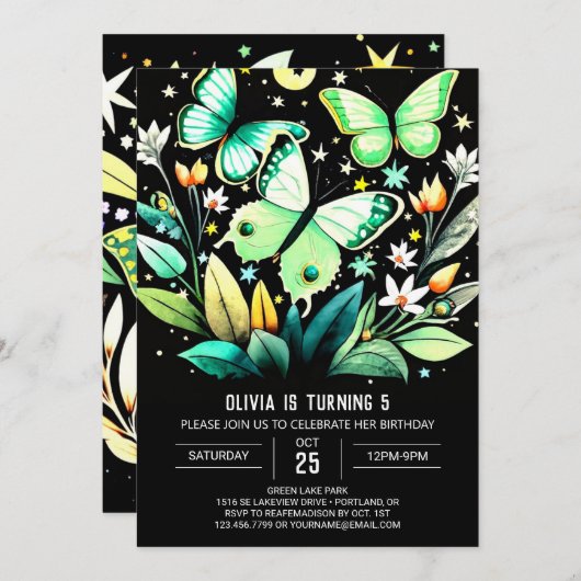 フラッタリングセージバタフライ誕生日 招待状 (正面/裏面)