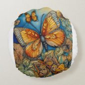 「フラッターエレガンス：赤と黄色の蝶々楼 ラウンドクッション (裏面)